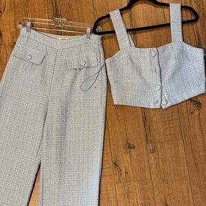 Jason Wu Light Blue Tweed Crop Top & High-Waist Trousers